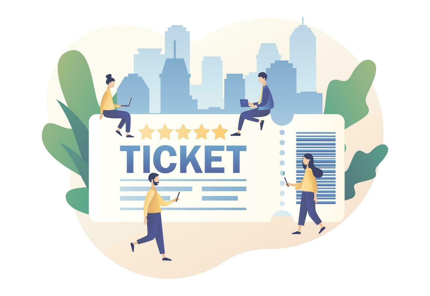 kaartjes online uitverkoop. klein mensen met groot ticket voor bioscoop, theater, partij, Speel, evenement, festival, concert. modern vlak tekenfilm stijl. vector illustratie Aan wit achtergrond