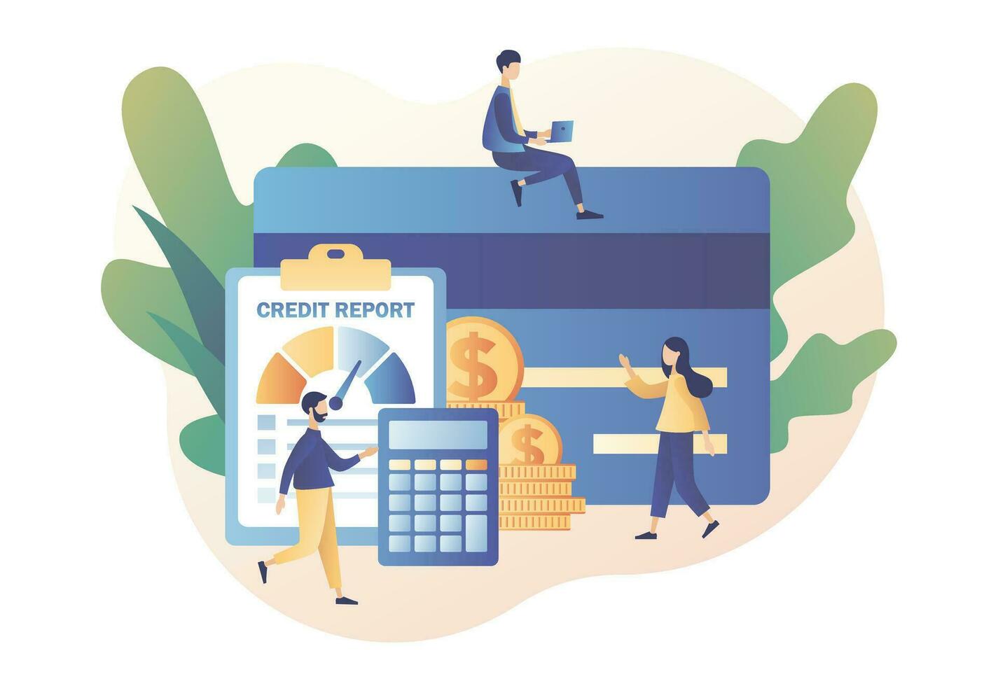 credit rapport. credit beoordeling. persoonlijk credit partituur informatie en financieel beoordeling. klein mensen analisten credit risico controle. modern vlak tekenfilm stijl. vector illustratie Aan wit achtergrond