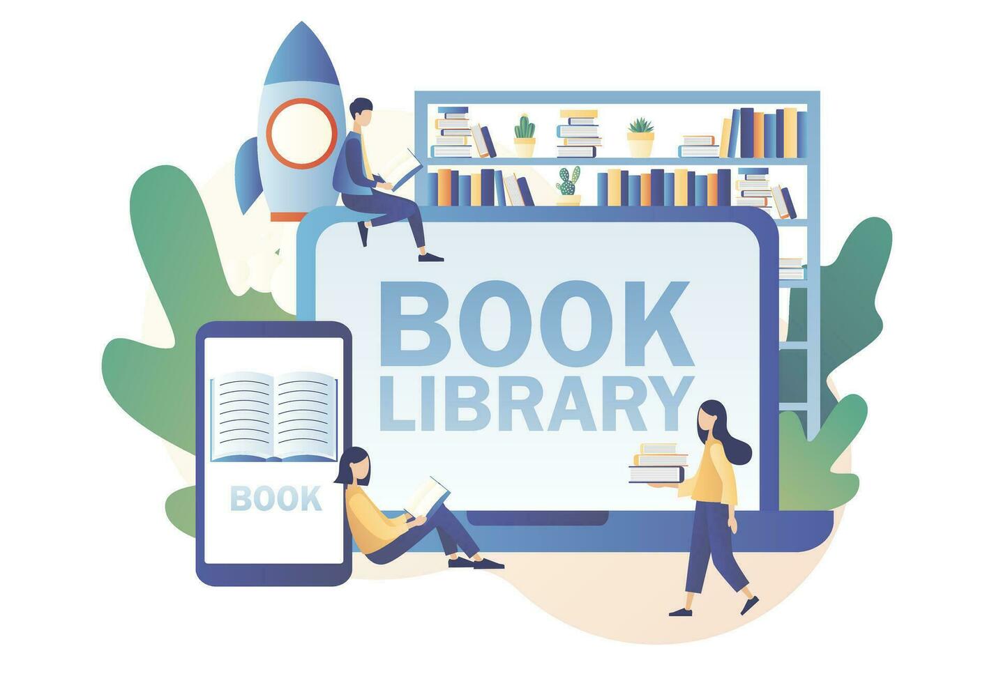 boek bibliotheek online. klein mensen lezing boeken. literatuur fans, e-boek, media bibliotheek, aan het leren online, lezing app. modern vlak tekenfilm stijl. vector illustratie Aan wit achtergrond