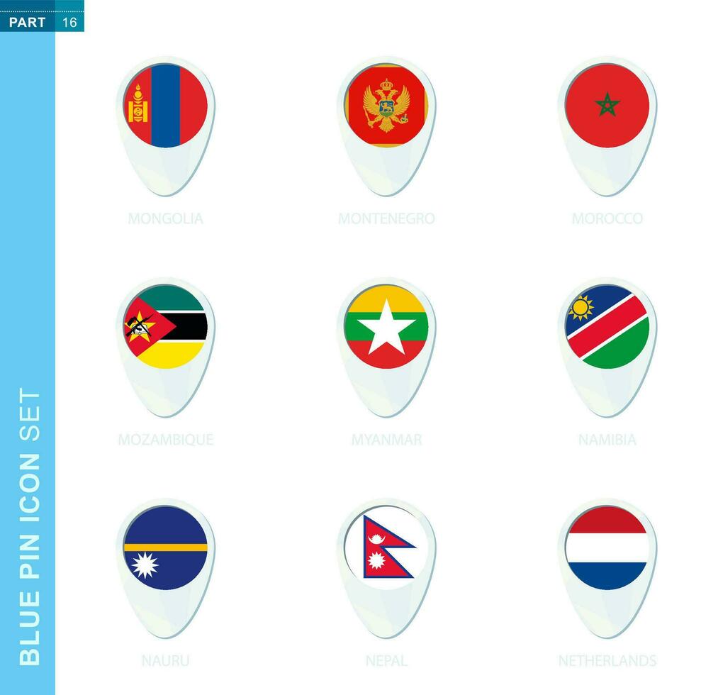 pin vlag set, kaart plaats icoon in blauw kleuren vector