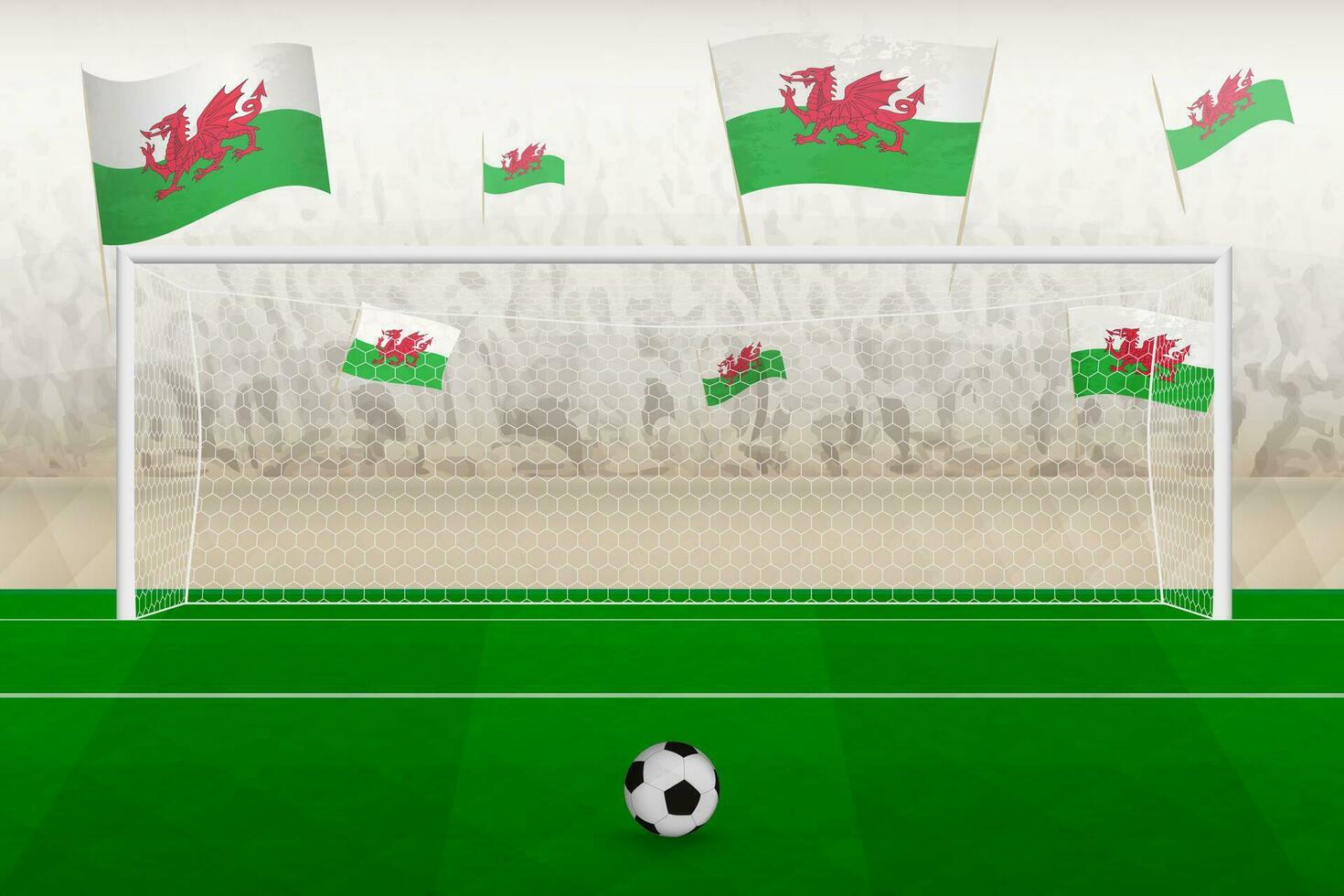 Wales Amerikaans voetbal team fans met vlaggen van Wales juichen Aan stadion, straf trap concept in een voetbal wedstrijd. vector