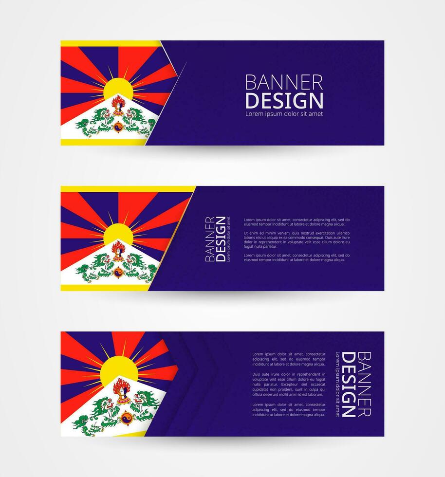 reeks van drie horizontaal banners met vlag van Tibet. web banier ontwerp sjabloon in kleur van Tibet vlag. vector