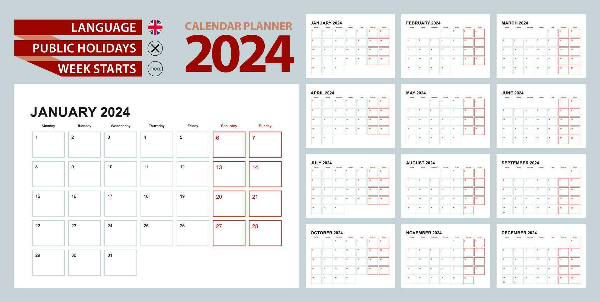 muur kalender ontwerper 2024 in engels, week begint in maandag. vector planner.