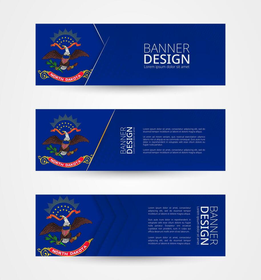 reeks van drie horizontaal banners met ons staat vlag van noorden dakota. web banier ontwerp sjabloon in kleur van noorden dakota vlag. vector