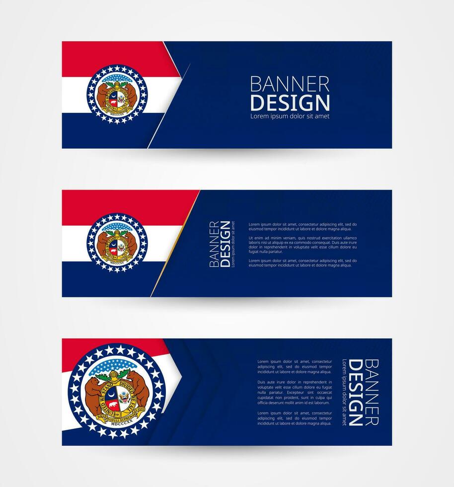 reeks van drie horizontaal banners met ons staat vlag van missouri. web banier ontwerp sjabloon in kleur van Missouri vlag. vector