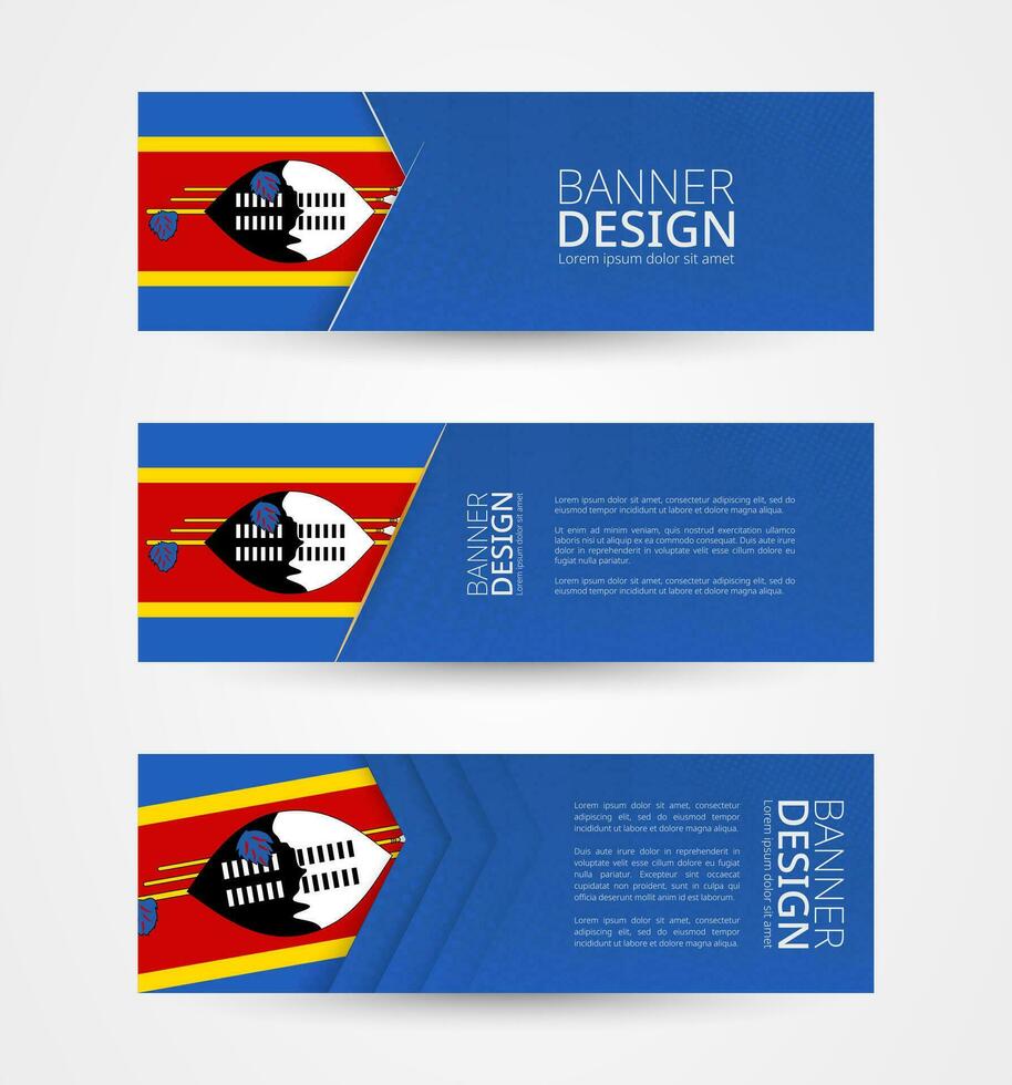 reeks van drie horizontaal banners met vlag van Swaziland. web banier ontwerp sjabloon in kleur van Swaziland vlag. vector