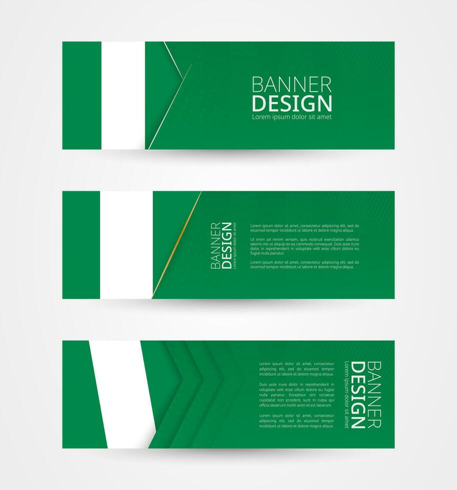 reeks van drie horizontaal banners met vlag van nigeria. web banier ontwerp sjabloon in kleur van Nigeria vlag. vector