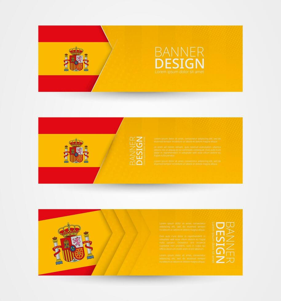 reeks van drie horizontaal banners met vlag van Spanje. web banier ontwerp sjabloon in kleur van Spanje vlag. vector