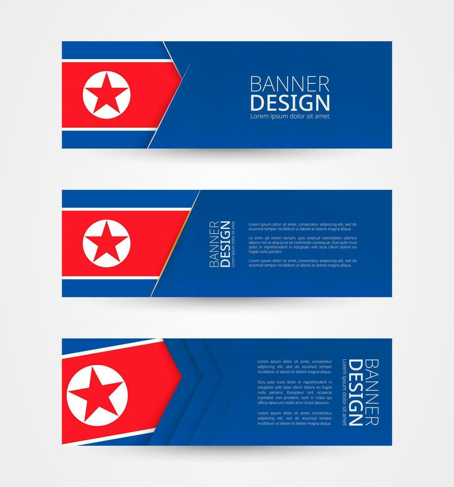 reeks van drie horizontaal banners met vlag van noorden Korea. web banier ontwerp sjabloon in kleur van noorden Korea vlag. vector