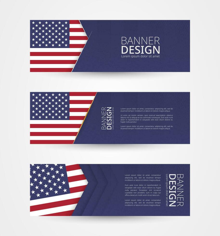 reeks van drie horizontaal banners met vlag van Verenigde Staten van Amerika. web banier ontwerp sjabloon in kleur van Verenigde staten van Amerika vlag. vector