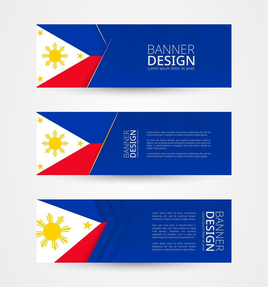 reeks van drie horizontaal banners met vlag van Filippijnen. web banier ontwerp sjabloon in kleur van Filippijnen vlag. vector