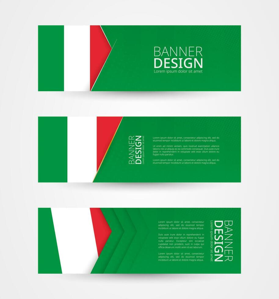 reeks van drie horizontaal banners met vlag van Italië. web banier ontwerp sjabloon in kleur van Italië vlag. vector