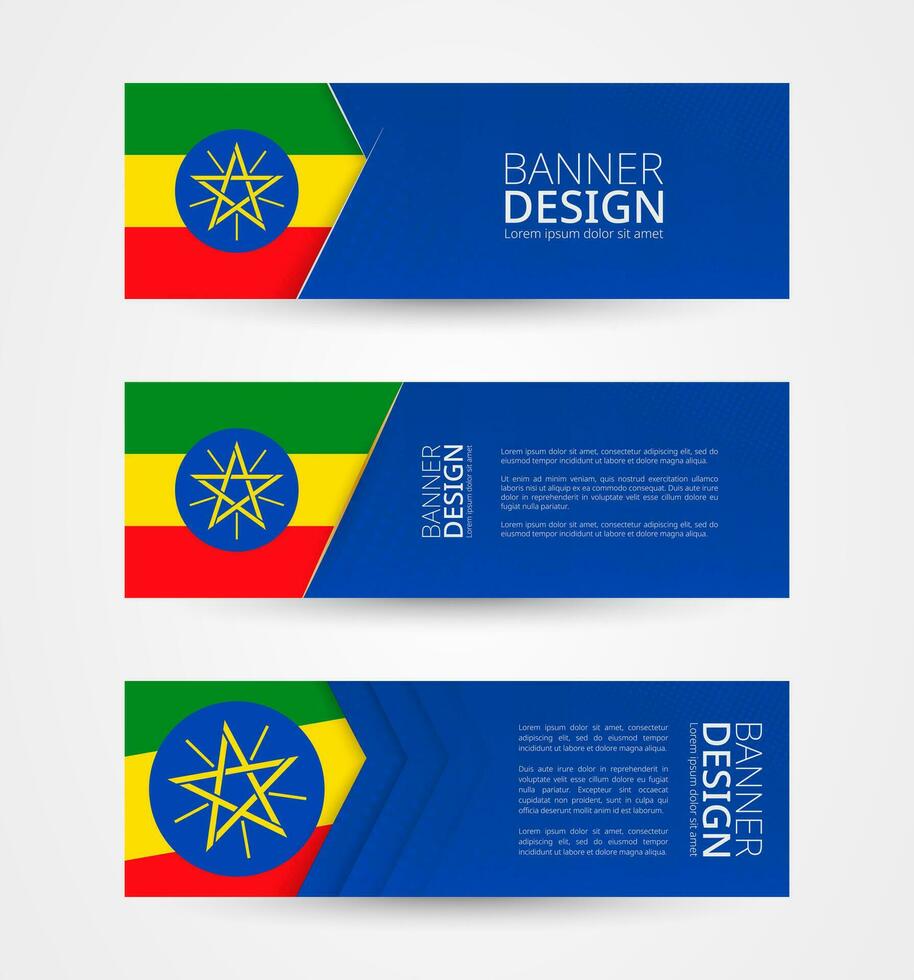 reeks van drie horizontaal banners met vlag van Ethiopië. web banier ontwerp sjabloon in kleur van Ethiopië vlag. vector