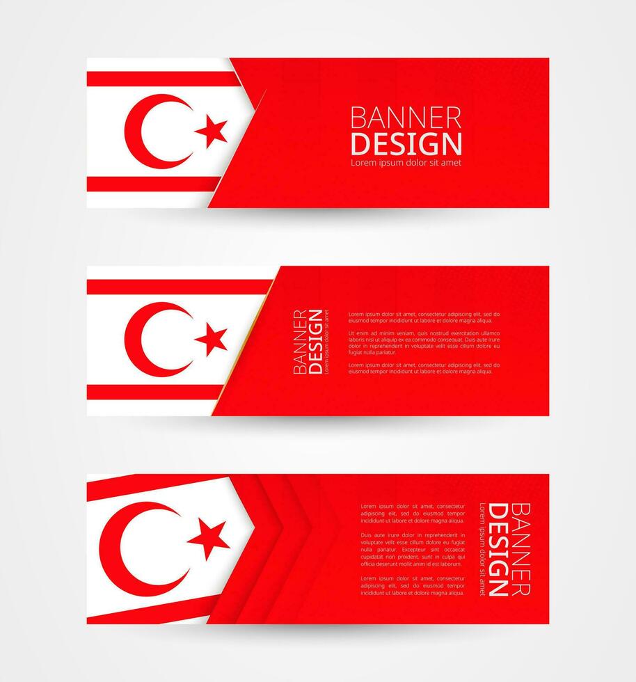 reeks van drie horizontaal banners met vlag van noordelijk Cyprus. web banier ontwerp sjabloon in kleur van noordelijk Cyprus vlag. vector