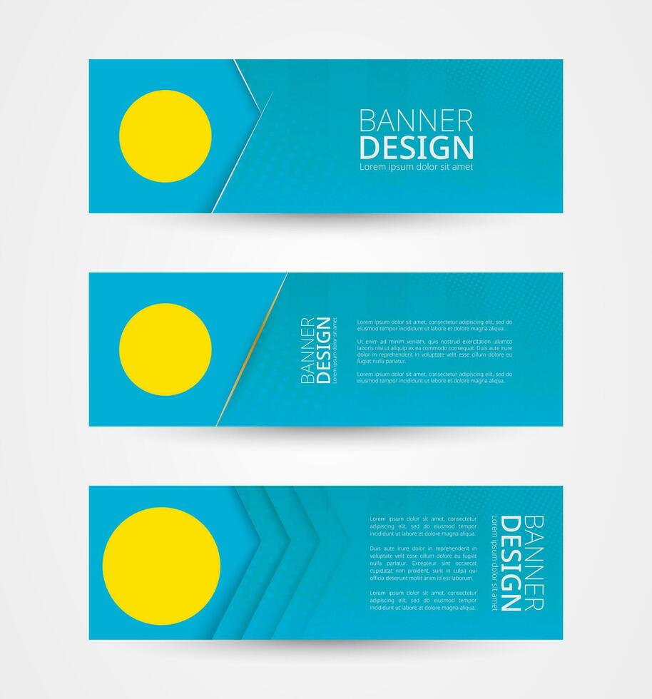 reeks van drie horizontaal banners met vlag van paleis. web banier ontwerp sjabloon in kleur van Palau vlag. vector