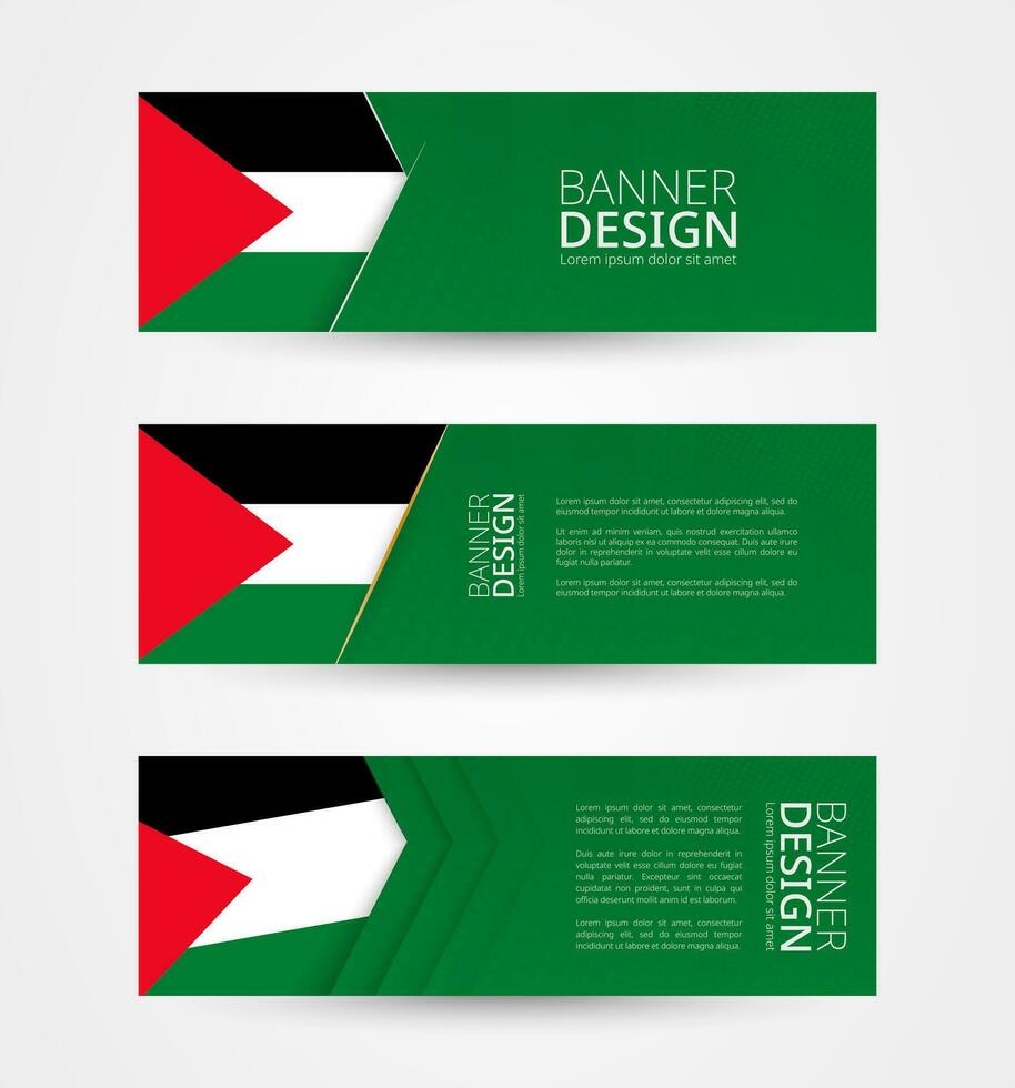 reeks van drie horizontaal banners met vlag van Palestina. web banier ontwerp sjabloon in kleur van Palestina vlag. vector