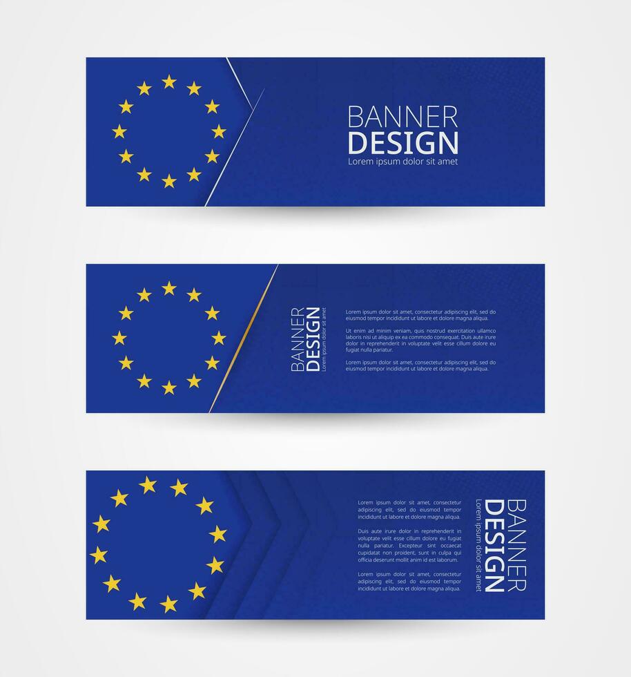 reeks van drie horizontaal banners met vlag van Europese unie. web banier ontwerp sjabloon in kleur van EU vlag. vector
