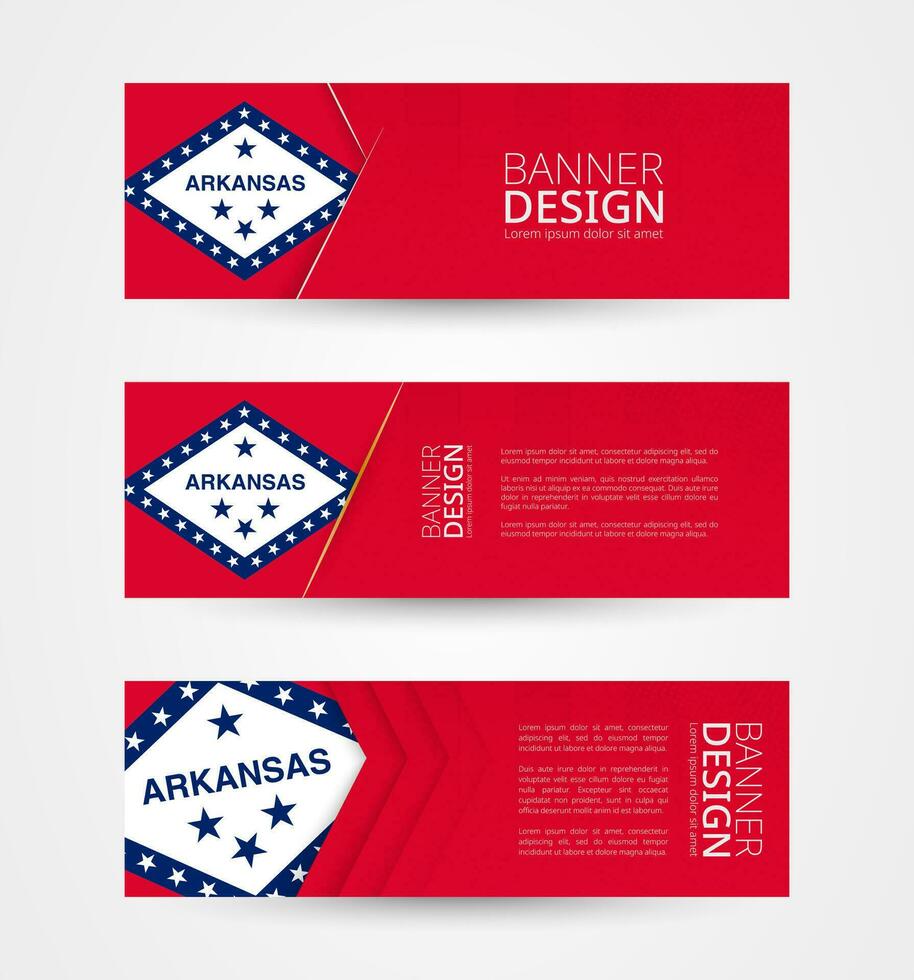 reeks van drie horizontaal banners met ons staat vlag van Arkansas. web banier ontwerp sjabloon in kleur van Arkansas vlag. vector