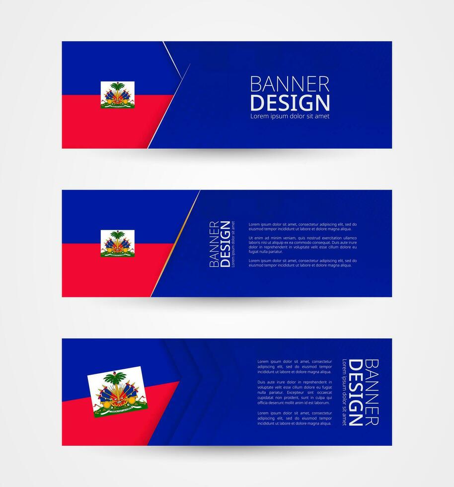 reeks van drie horizontaal banners met vlag van Haïti. web banier ontwerp sjabloon in kleur van Haïti vlag. vector