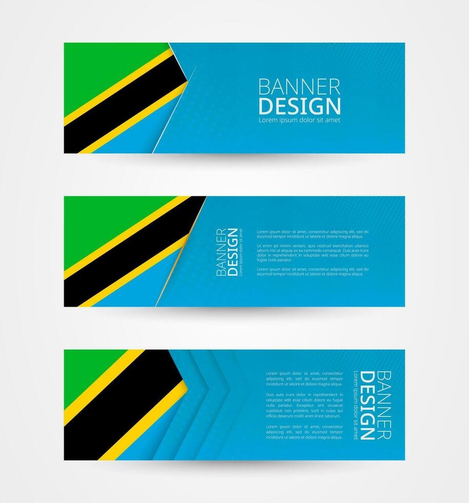 reeks van drie horizontaal banners met vlag van Tanzania. web banier ontwerp sjabloon in kleur van Tanzania vlag. vector