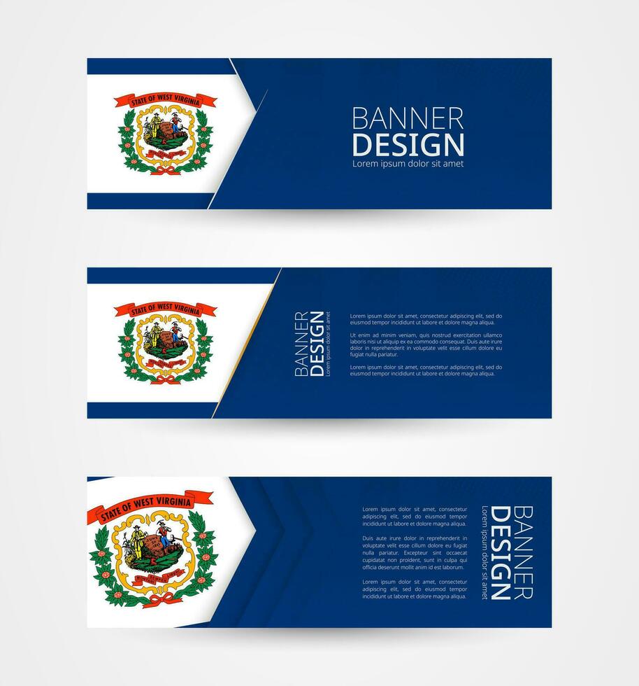 reeks van drie horizontaal banners met ons staat vlag van west Virginia. web banier ontwerp sjabloon in kleur van west Virginia vlag. vector