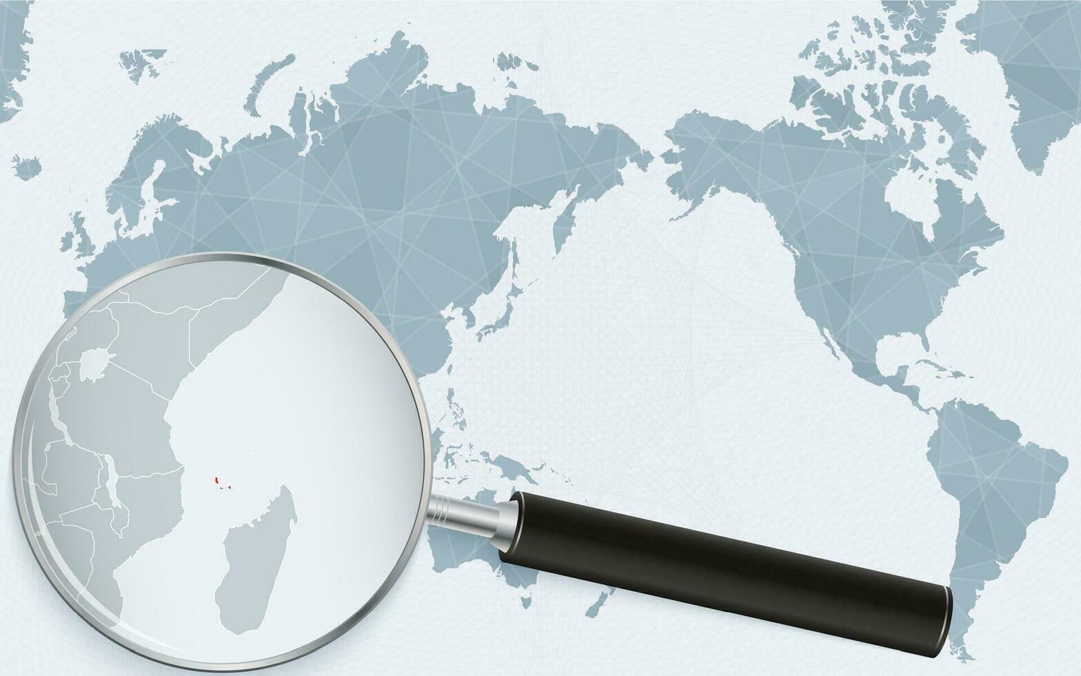 Azië gecentreerd wereld kaart met uitvergroot glas Aan comoren. focus Aan kaart van comoren Aan vreedzaam centraal wereld kaart. vector