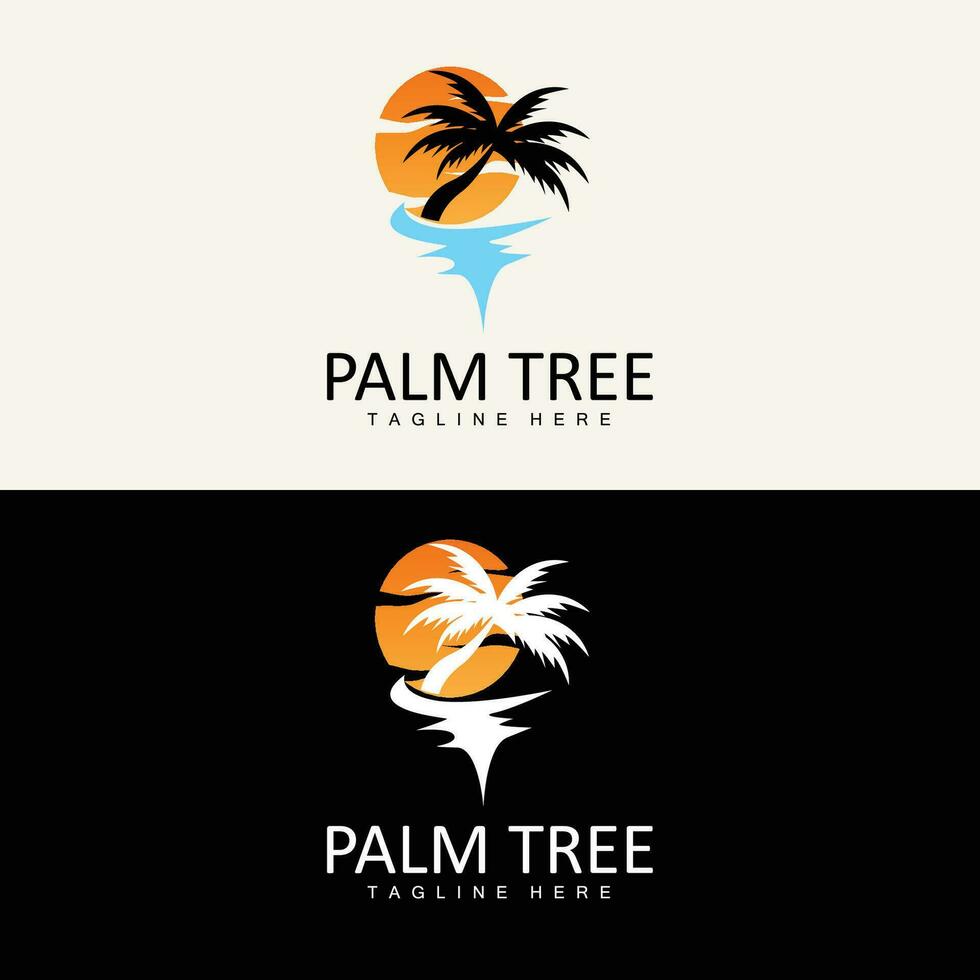 kokosnoot boom logo, palm boom zonsondergang strand vector, elegant minimalistische gemakkelijk ontwerp, symbool sjabloon icoon vector