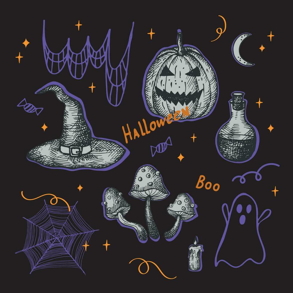 halloween vector illustratie hand- getrokken. tekenfilm collage illustratie met pompoen lantaarn, geest, hoed voor voor seizoensgebonden ontwerp, afdrukken, sjabloon, poster, decoratie, groet kaart, feestelijk achtergrond