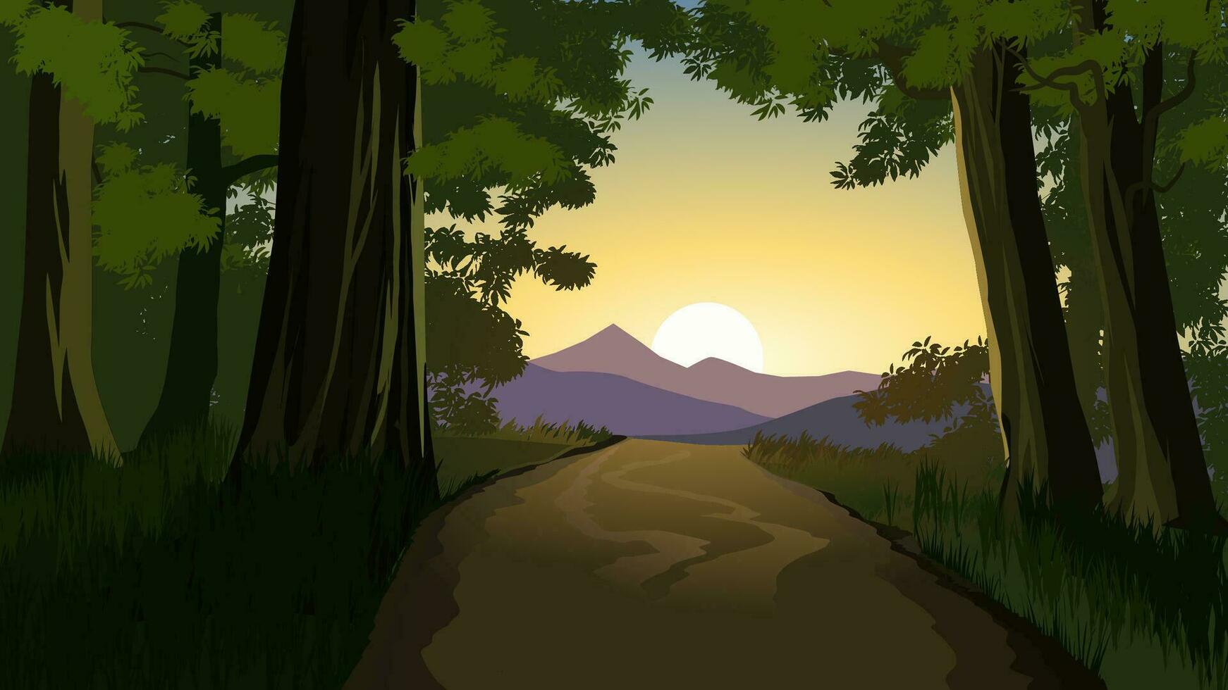 vector zonsondergang illustratie van Woud met voetpad en berg in achtergrond