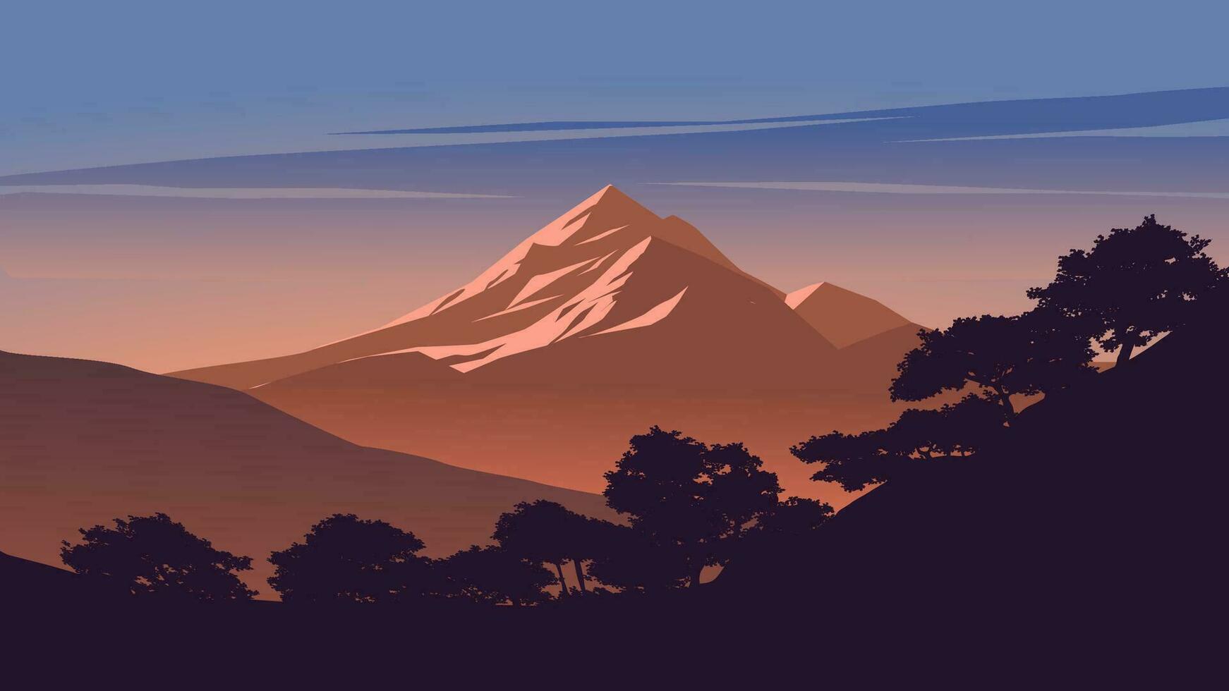berg en Woud illustratie met silhouet van bomen vector