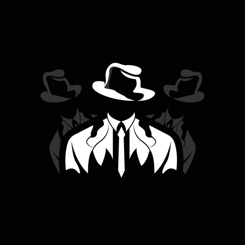 detective Mens logo ontwerp, maffia detective mode smoking en hoed illustratie vector, zwarte man zakenman icoon vector