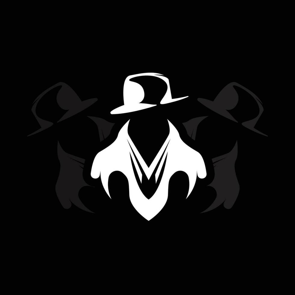 detective Mens logo ontwerp, maffia detective mode smoking en hoed illustratie vector, zwarte man zakenman icoon vector