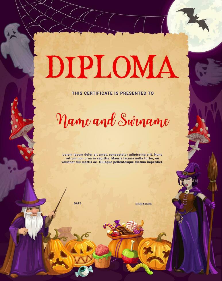 kind halloween diploma tovenaar en heks tekens vector