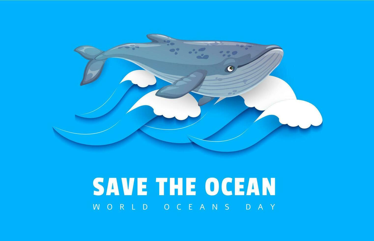 wereld oceanen dag. tekenfilm blauw walvis papier besnoeiing vector