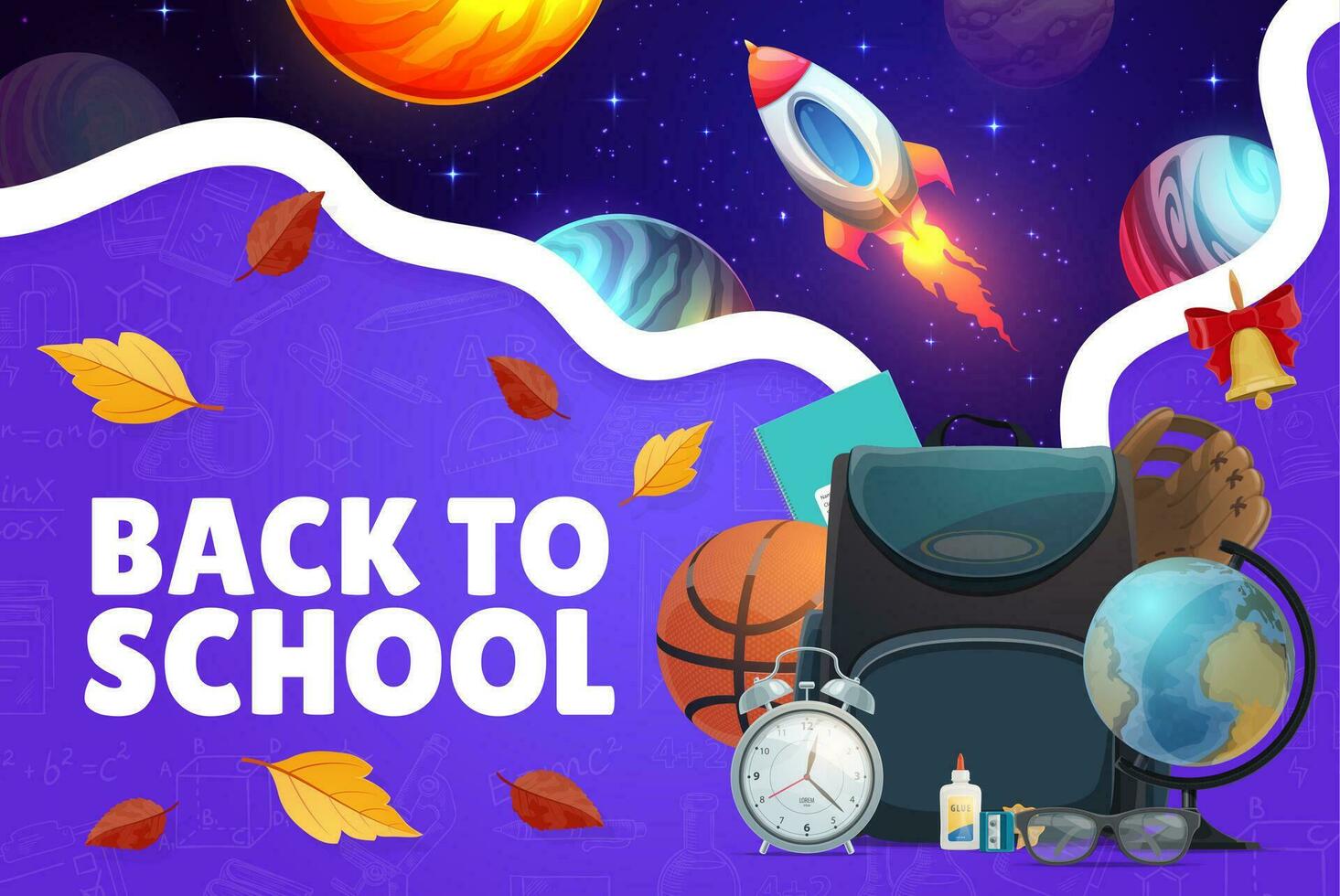 onderwijs poster, ruimte planeten, schooltas, raket vector
