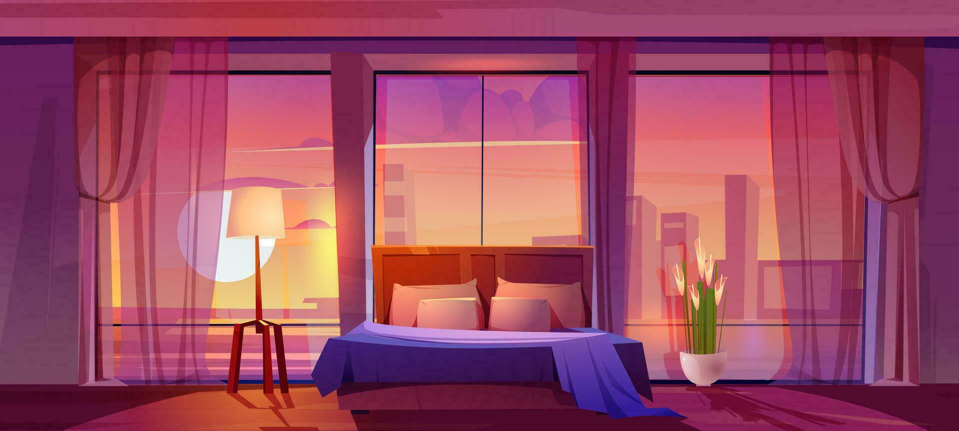 slaapkamer interieur kamer met zonsondergang stadsgezicht visie vector
