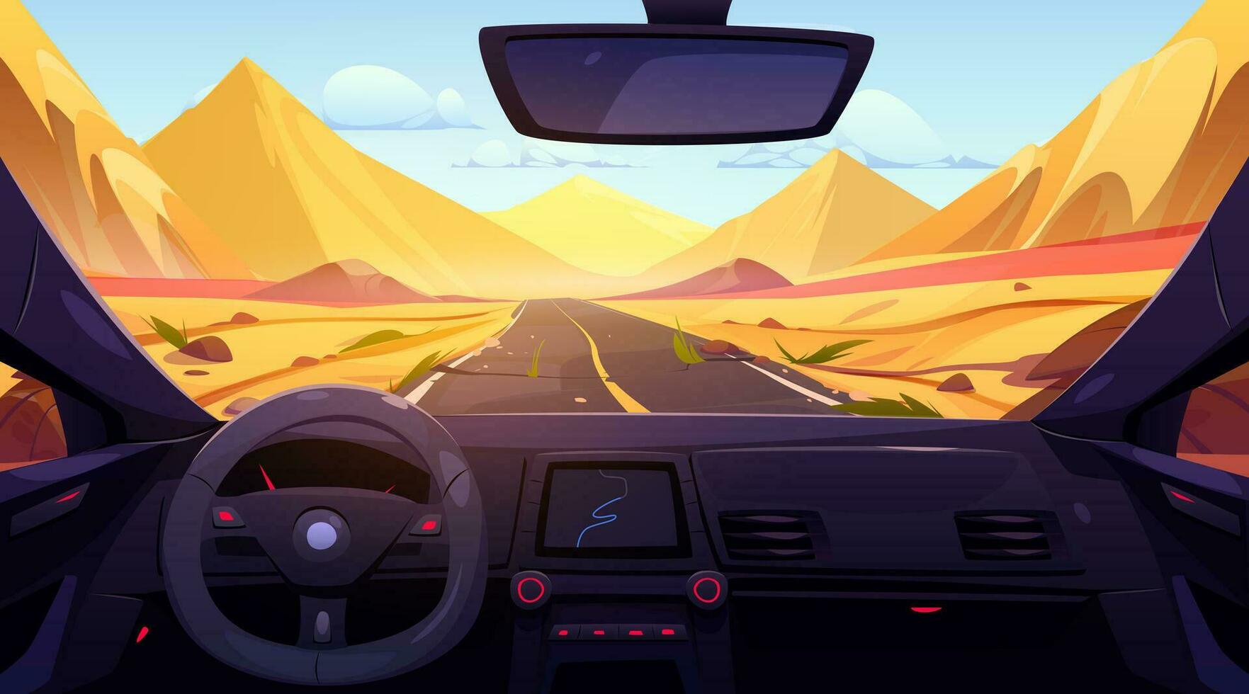 auto weg in woestijn binnen bestuurder kuip visie vector