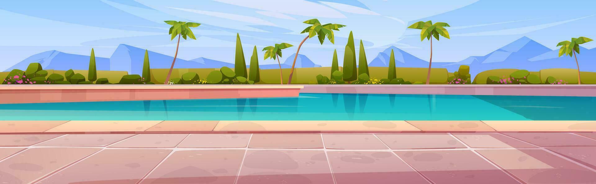 tekenfilm zwemmen zwembad met bergen Aan horizon vector