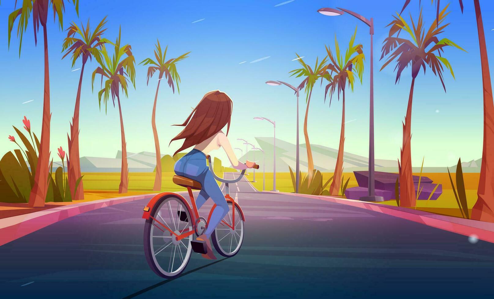 tekenfilm jong vrouw rijden fiets Aan snelweg vector