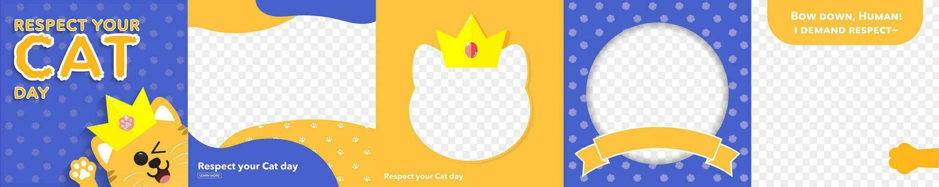 respect uw kat dag groet kaart en kader set. kat-vormig kaders met kroon. bewerkbare vector illustratie. eps 10.