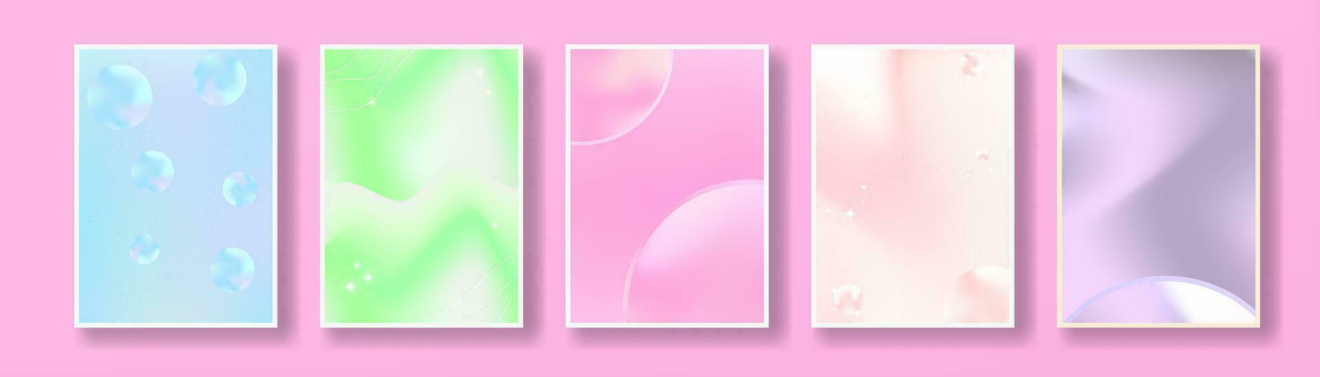 reeks van mooi abstract pastel posters in vloeistof helling concept, meetkundig elementen met fonkelend sterren. modern en trendy. blauw, roze, geel pastel kleuren. vector illustratie.