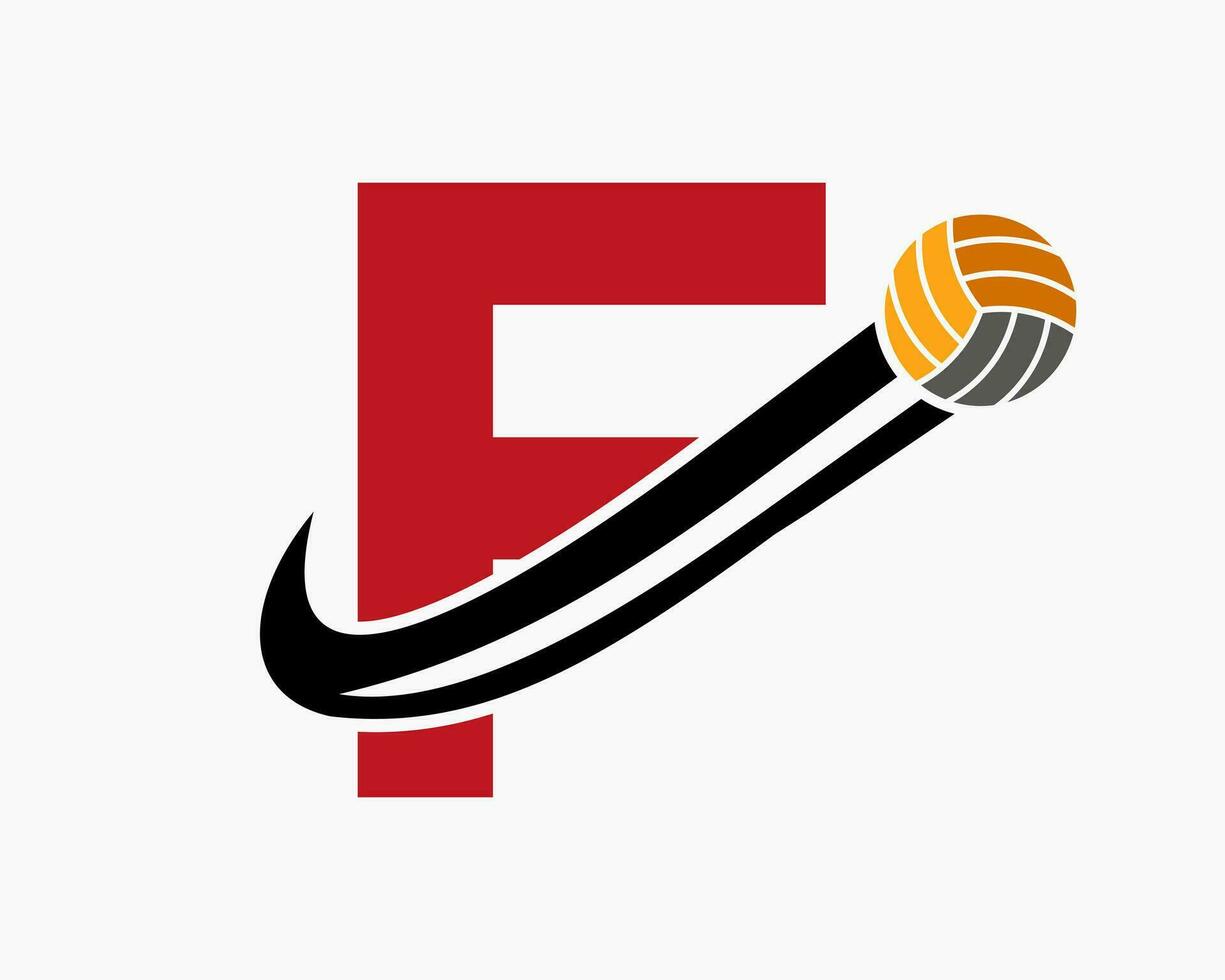 brief f volleybal logo concept met in beweging volley bal icoon. volleybal sport- logotype sjabloon vector