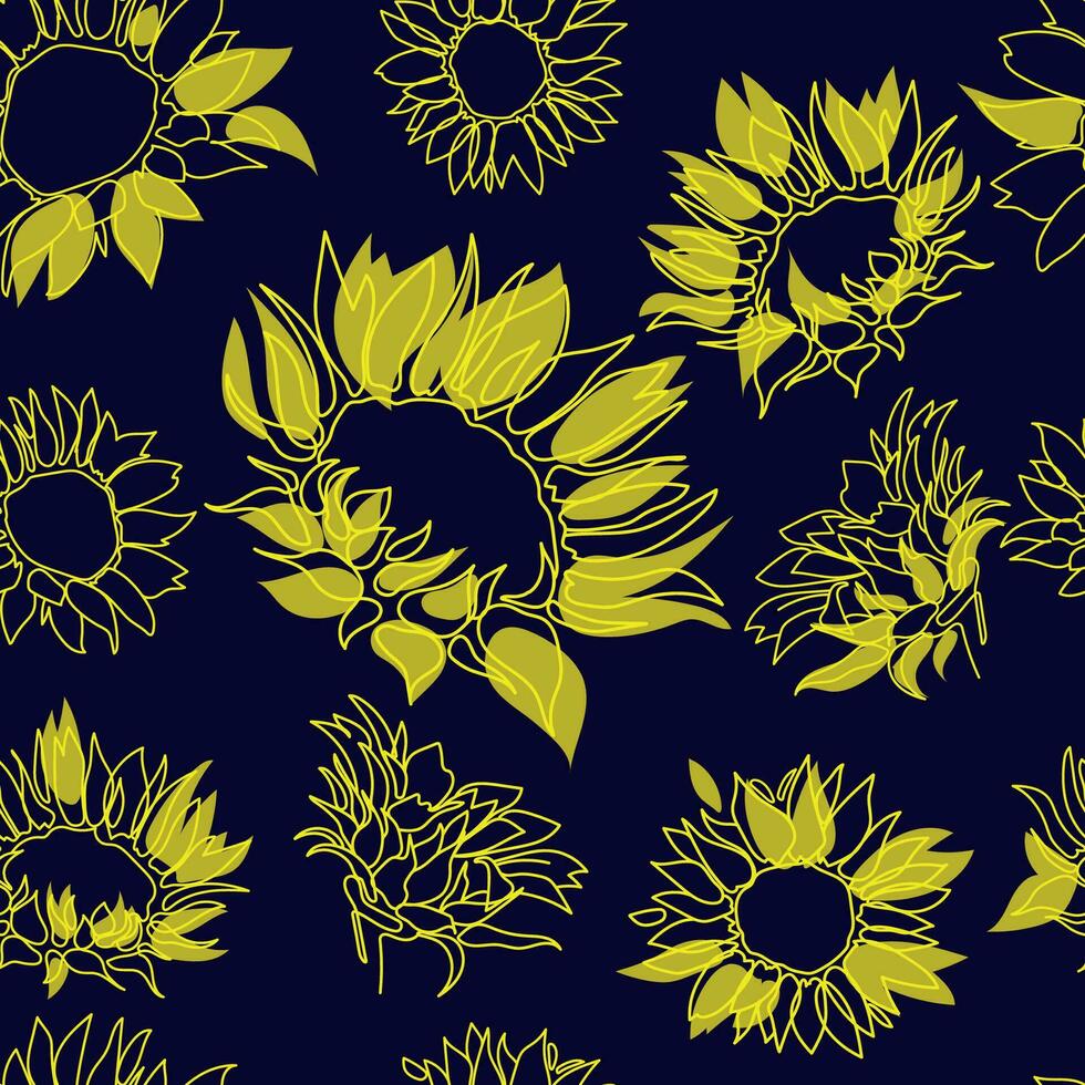 zonnebloemen naadloos patroon Aan blauw background.botanical bloemen naadloos patroon lijn tekening, wild weide zonnebloem voor afdrukken,omslag,banner, uitwendig, inpakken. hand- geschilderd bloemen vector illustratie