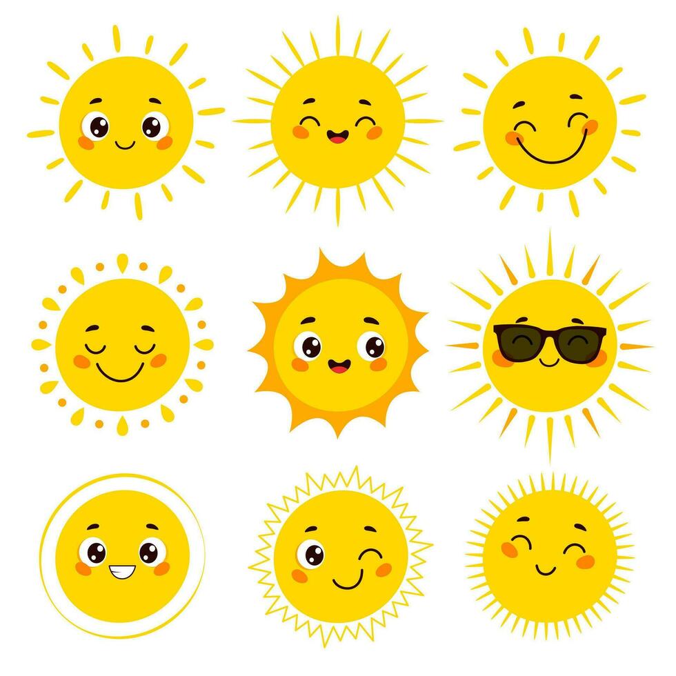 schattig tekenfilm zon emoji verzameling. zonnig glimlachen gezichten vector reeks