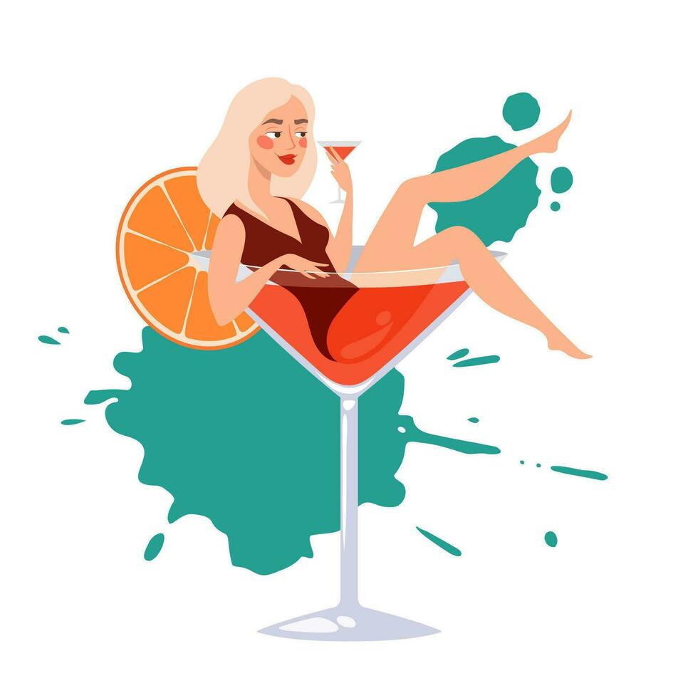 cocktail partij illustratie met meisje aan het liegen in een groot martini glas en drinken alcohol vector