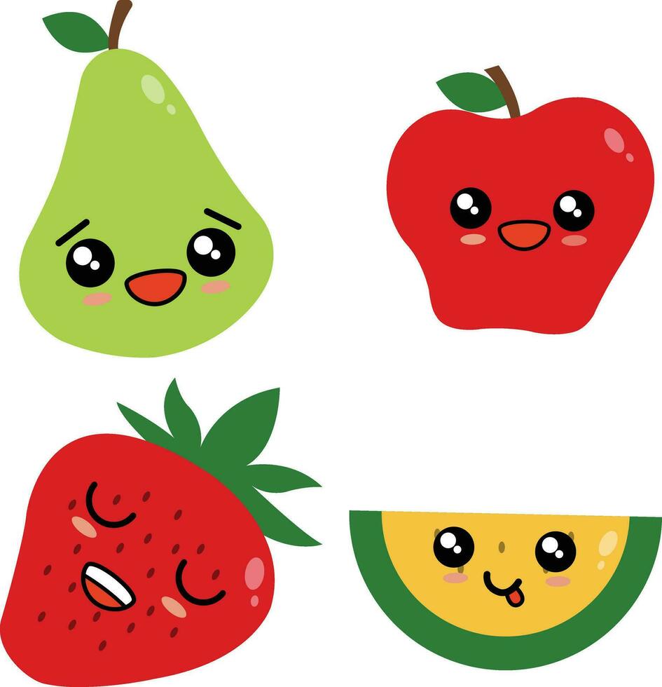 schattig fruit, gelukkig schattig reeks van glimlachen fruit gezichten. vector reeks van vlak tekenfilm illustratie iconen.voor ontwerp decoratie illustratie