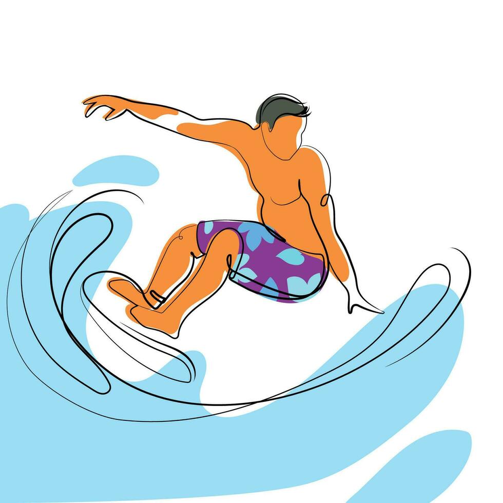 actief mannen rijden surfplanken Aan zomer feestdagen, vakantie Bij zee vakantieoord.jong surfer vent rijden golven lijn kunst tekening, minimalistisch stijl ontwerp.vector illustratie.extreem watersport.embleem, logo, bedrukking vector