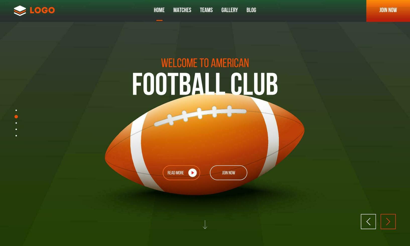 Welkom naar Amerikaans Amerikaans voetbal club snel reagerend sjabloon ontwerp met realistisch rugby bal Aan groen veld- achtergrond. vector
