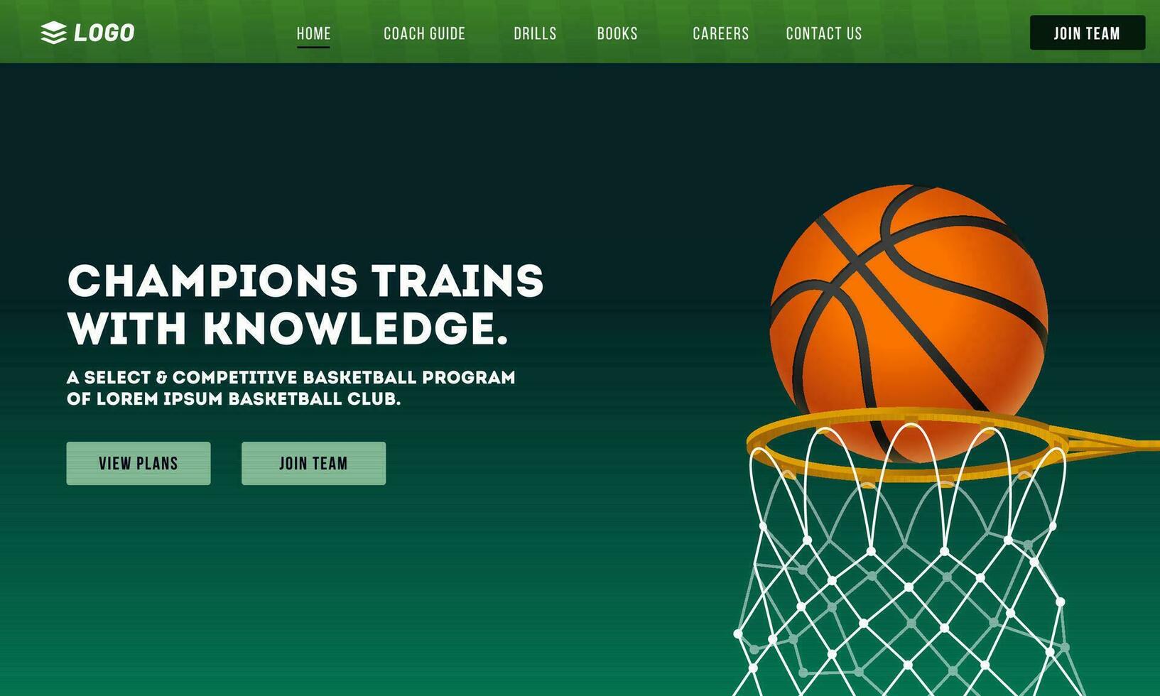 basketbal kampioenen treinen met kennis spel app of snel reagerend sjabloon ontwerp met basketbal doel in hoepel netto. vector