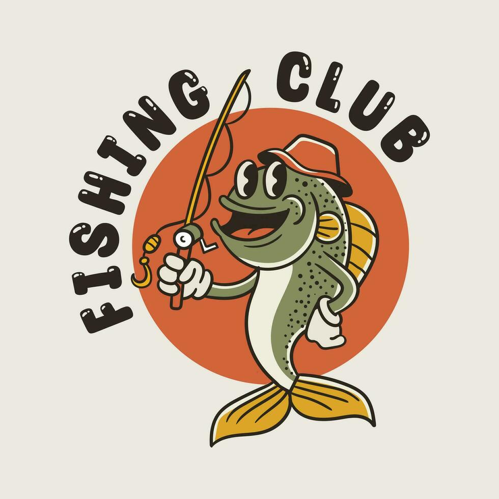 illustratie van een vis tekenfilm karakter Holding een visvangst hengel in wijnoogst stijl vector